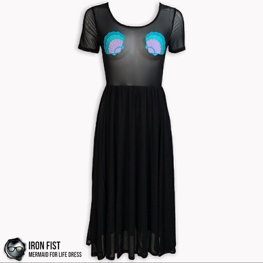 IRON FIST/DOLLS KILL MERMAID FOR LIFE LAYERED MESH DRESS IN BLACK HALLOWEEN MIDI
